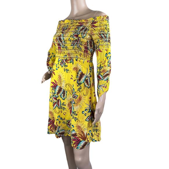 Farm Rio For Anthropologie Bria Yellow Floral Smocked Off The Shoulder Dress S - Picture 2 of 6